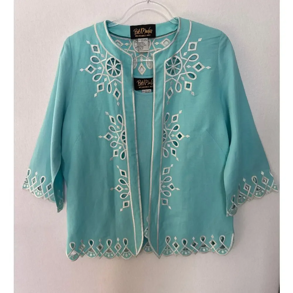 Bob Mackie Wearable Art 2000s Turquoise Linen Embroidered Twin Set XS
